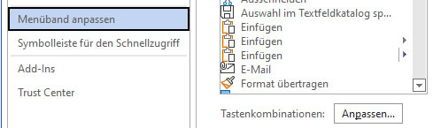 Datei Optionen Menüband Tastenkombi anpassen